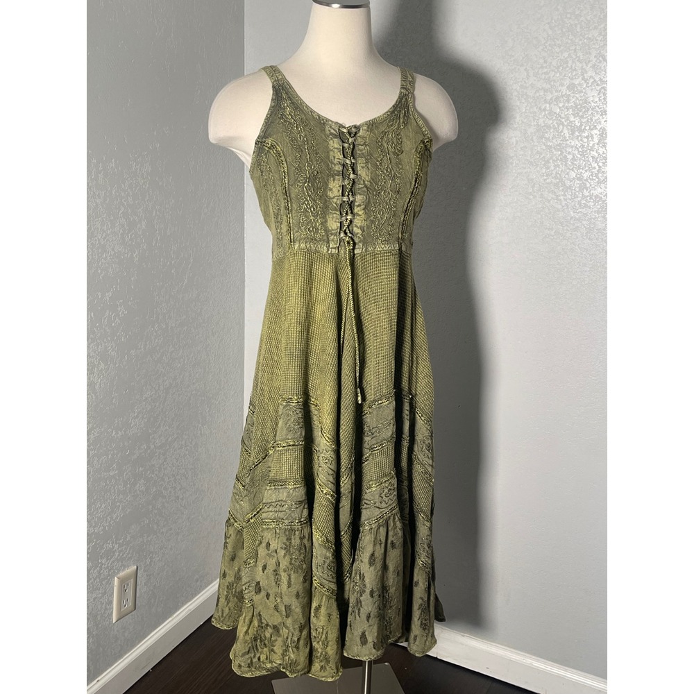 Flower Sage Green Boho Lace Up Embroidered Midi Dress One Size